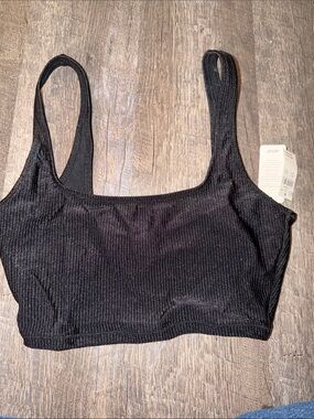 aerie Black Ribbed Shiny Black Bikini Top